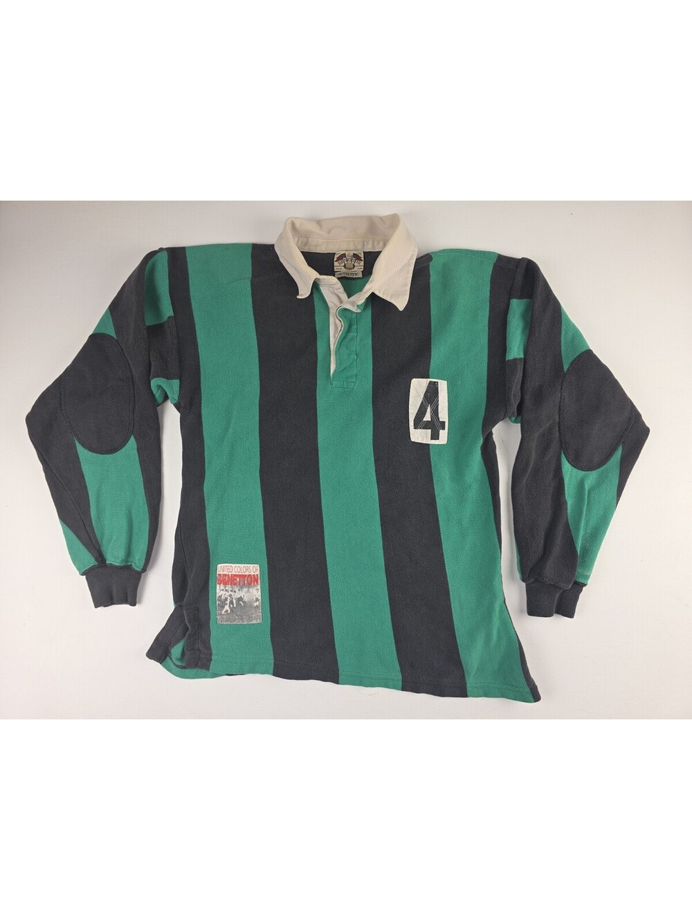 Benetton Rugby 90s VTG Polo Jersey Sz 54 L Made N Italy Green Black Asymmetrical